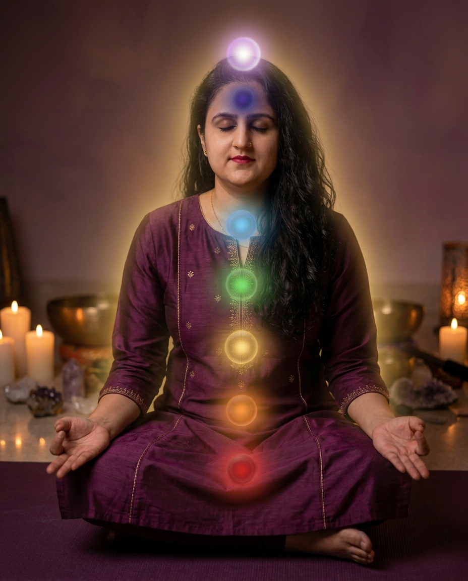 Geetika Rajput, Reiki GrandMaster, seated in her candle-lit healing studio